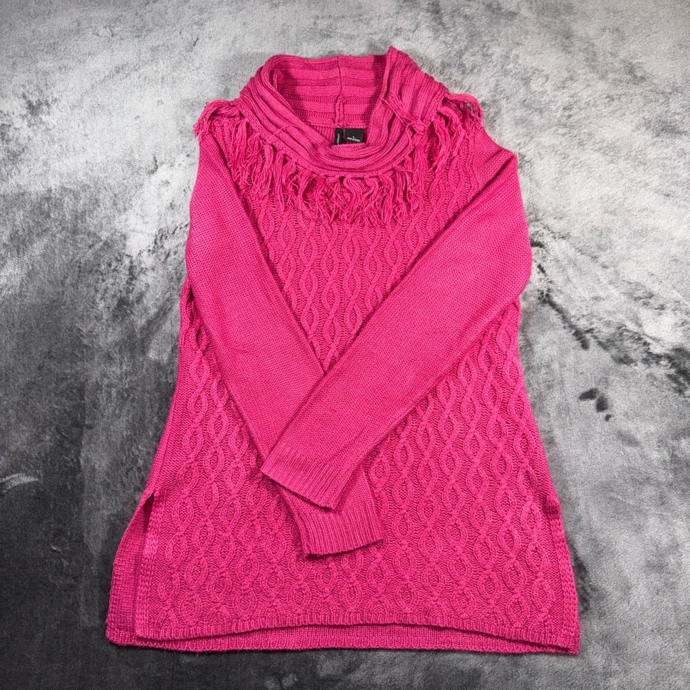 New Directions Magenta Pink Fringe Cowl Neck Cable Knit Sweater Large
